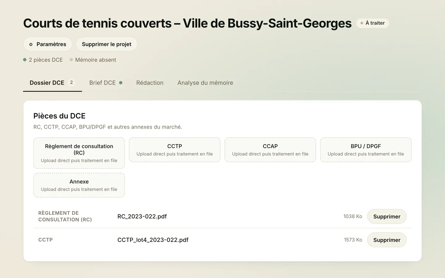 Page projet Olra avec le règlement de consultation et le CCTP déposés dans le dossier DCE