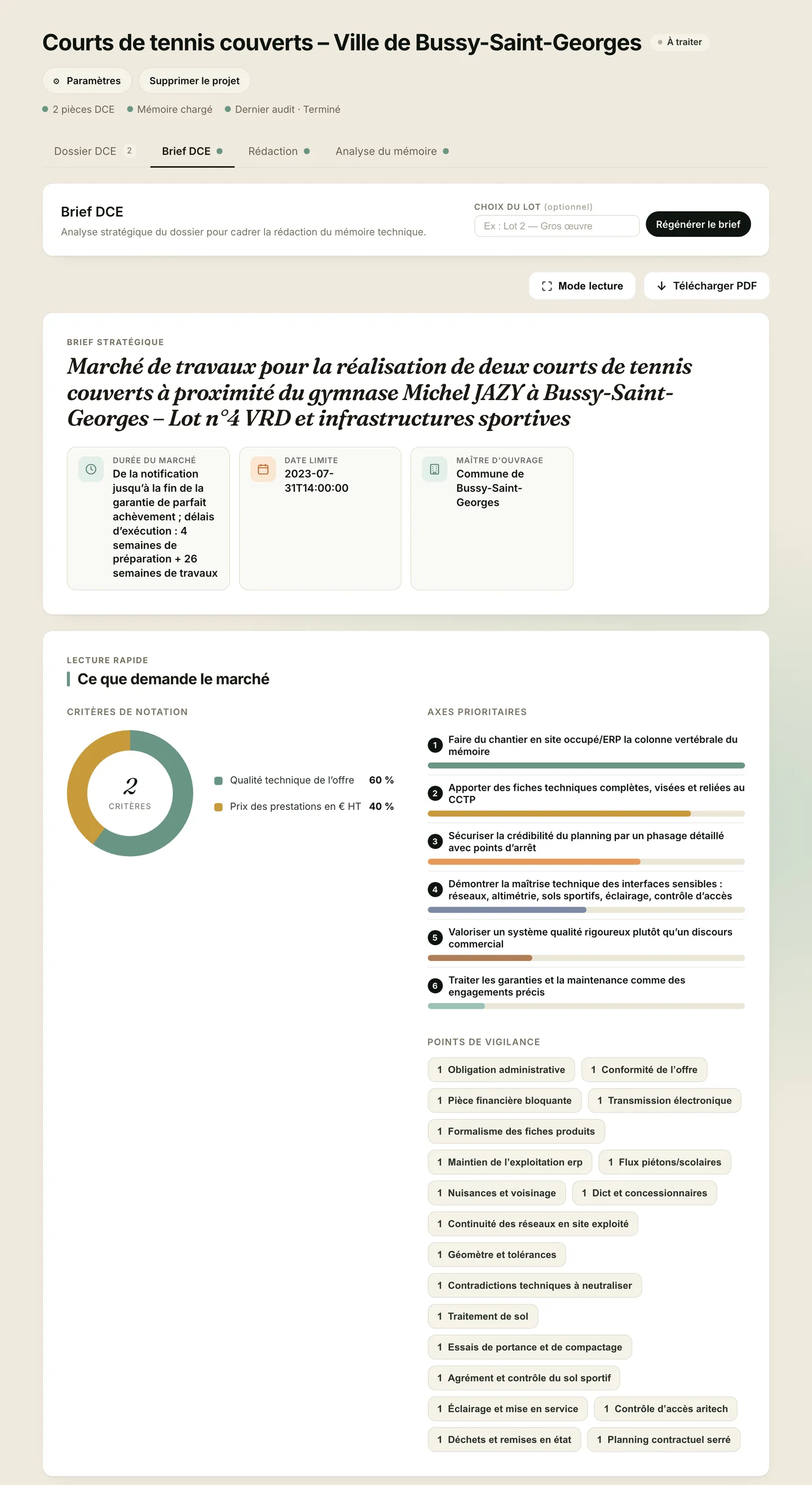 Brief DCE Olra : critères de notation pondérés, axes prioritaires et points de vigilance du marché