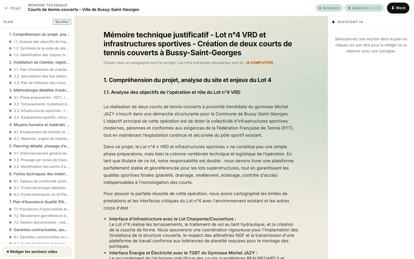 Éditeur de mémoire technique Olra : plan à gauche, section rédigée et marqueurs à compléter