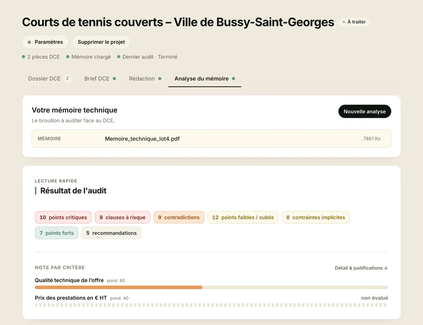 Résultat d'audit Olra : compteurs de points critiques et note par critère de notation