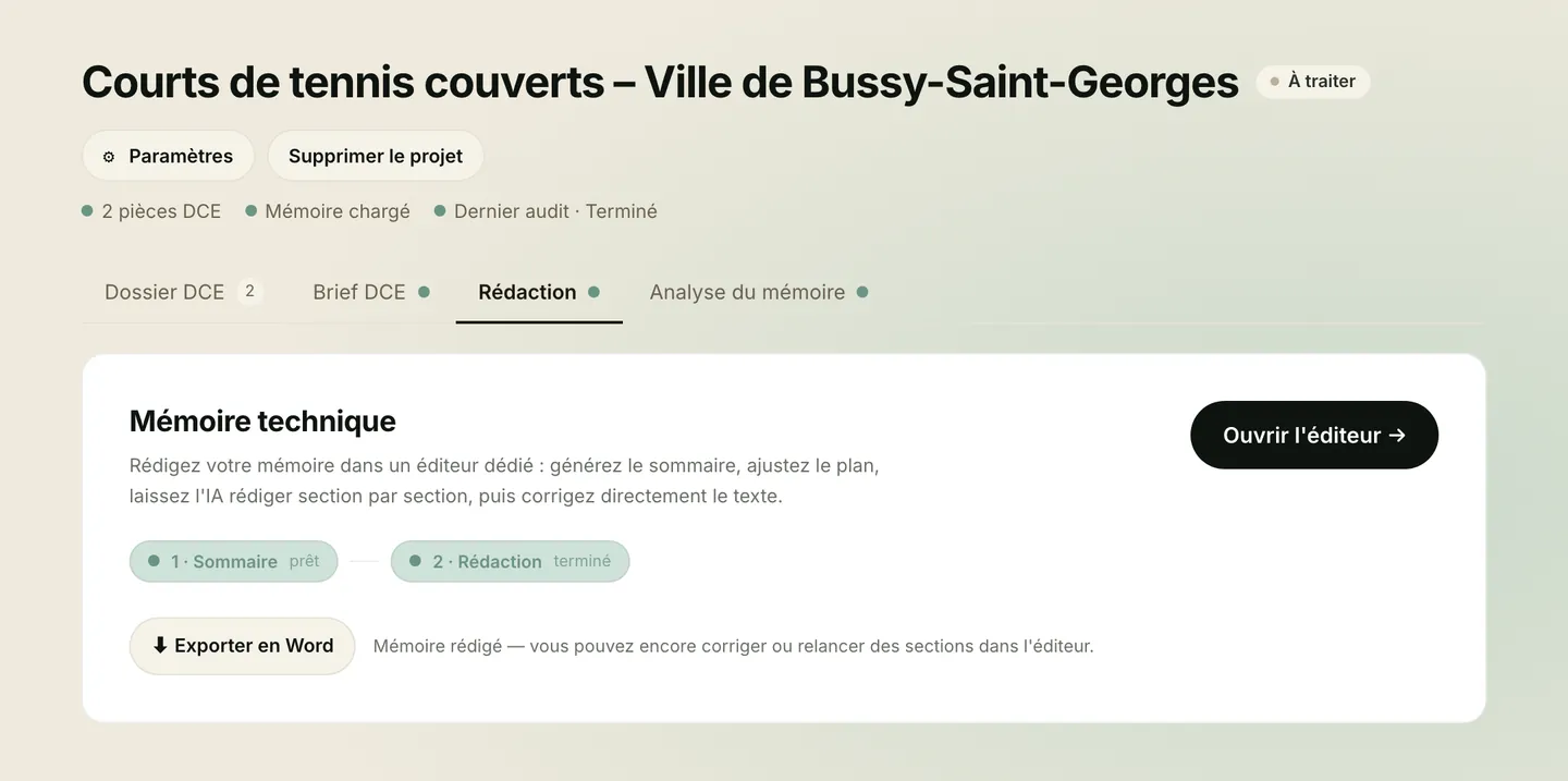 Onglet Rédaction d'Olra avec le bouton d'export du mémoire technique en Word